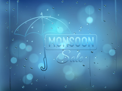 Monsoon offer and sale background  with water drops on window wi