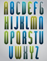 Colorful glossy narrow font, rounded letters with white outline.