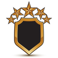 Festive vector golden shield emblem with five stars, 3d branded