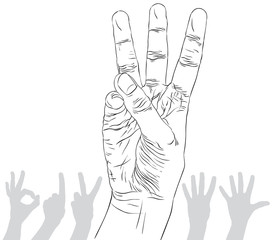 Numbers hand signs set, number three, detailed black and white l