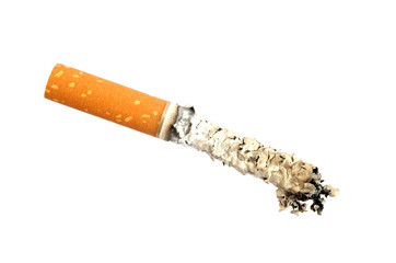 Cigarette butt with ash, isolated on white background