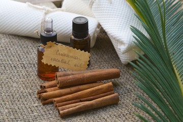 A dropper bottle of cinnamon essential oil.