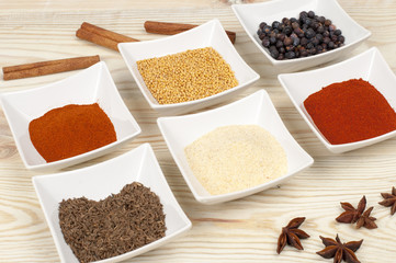 various spices on wooden table