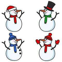 set a of four snowmen with different accessories