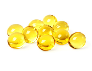 Cod liver oil omega 3 gel capsules on a white background