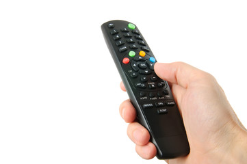 TV remote control in hand isolated on white