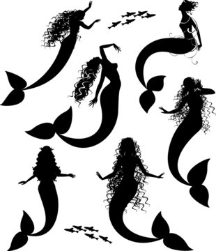 Six silhouettes of mermaid
