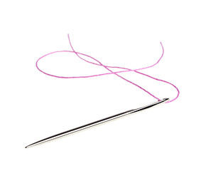 Needle for sewing and pink thread, isolated on a white backgroun