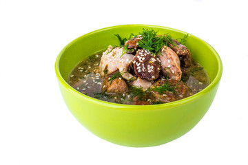 The food from the meat in the green tea bowl