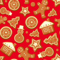 Seamless background with gingerbread cookies. Vector.