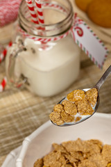 A spoon of breakfast cereal. Macro. Selective focus.