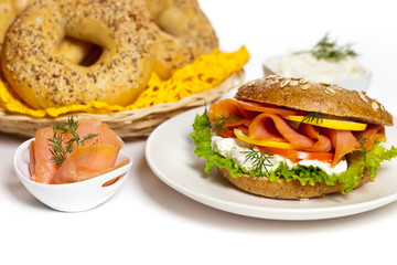 Cream cheese and smoked salmon bagel. Selective focus.