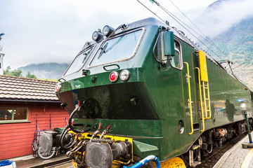 Train at famous Flam railway  in Norway