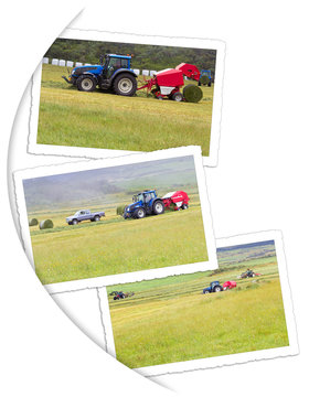 travaux des champs, fenaison m&eacute;canique sur photos