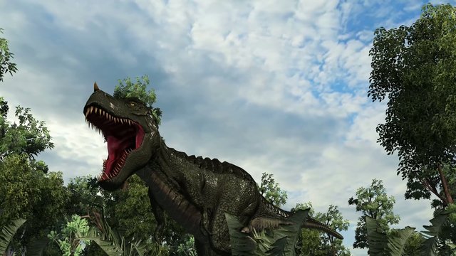 T-Rex Tyrannosaurus Dinosaur roars  in a prehistoric scene