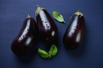Ripe eggplants covered with water drops, close-up, studio shot