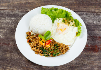 Rice topped with stir fried minced pork and basil