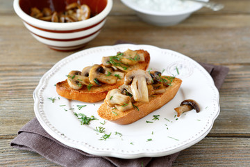 Delicious toast with mushrooms