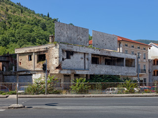 Fototapeta na wymiar Old destroyed building after war in Mostar, Bosnia