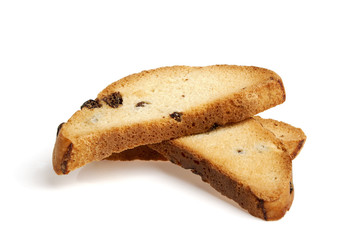 Sweet tasty rusks with raisins isolated on white background