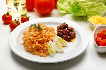 Tasty rice served on table, close-up