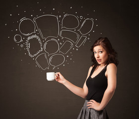 Businesswoman holding a white cup with speech bubbles