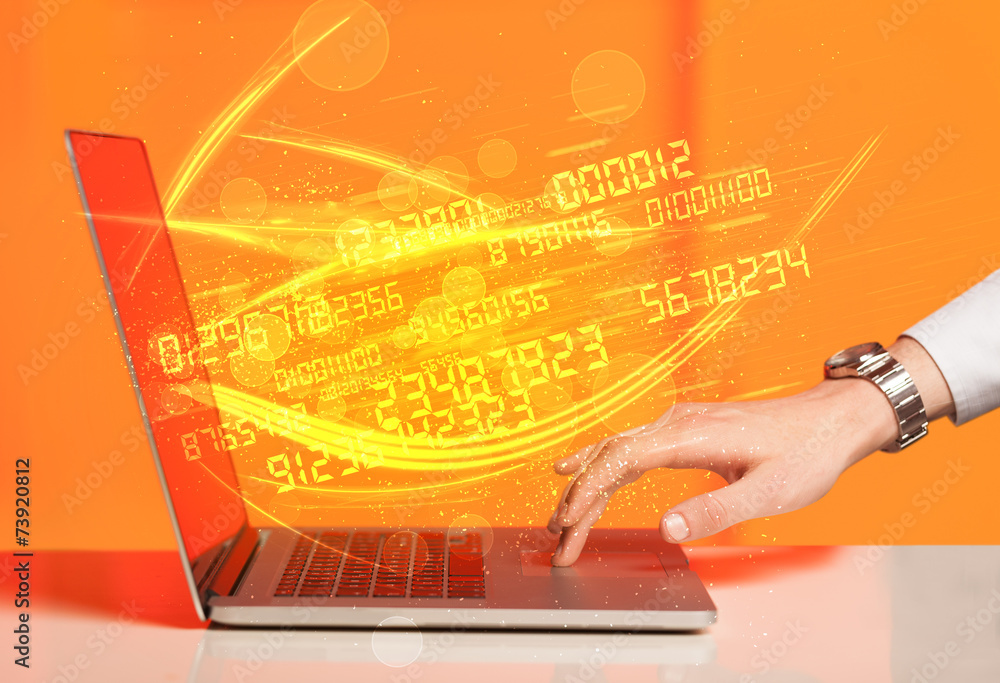 Poster Man typing on modern notebook with number technology data coming