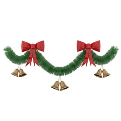 Christmas tinsel with gold bells and red bows isolated
