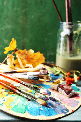 Beautiful still life with professional art materials, close up