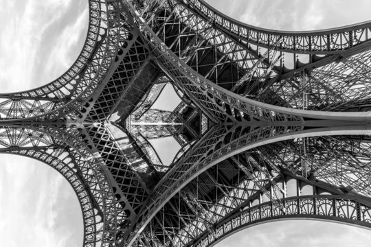An abstract view of an Eiffel Towerin black and whi