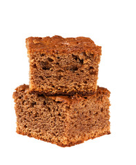 brownie, closeup chocolate cake isolated on white