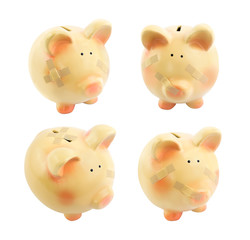 Piggy bank with medical patches set, isolated on white