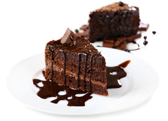 Yummy chocolate cake, isolated on white