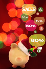 Fototapeta na wymiar Piggy bank with speech bubbles. Christmas sale concept