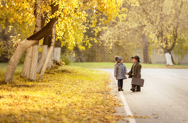 Autumn romantic journey of two young children