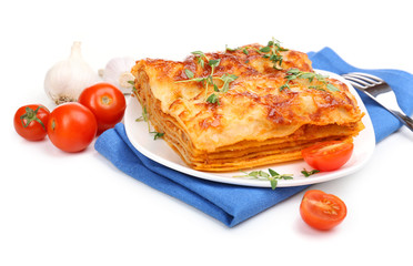 Portion of tasty lasagna, isolated on white