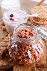 Healthy breakfast. Granola on table
