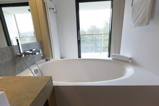 Interior of a hotel bathroom with a view 