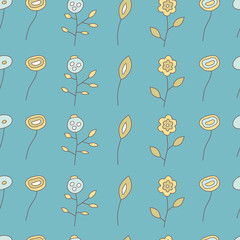 Fototapeta na wymiar Seamless pattern of different flowers on a blue background