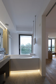 Interior of a hotel bathroom with a view 