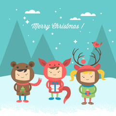 Christmas greeting card design with cute kids wearing costumes