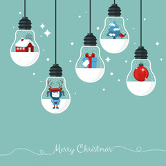 Modern Christmas greeting card with hanging light bulbs