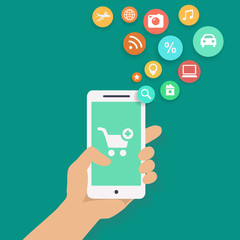 Smartphone apps shopping infographics with  hand holding a phone