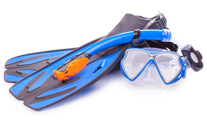 Blue diving goggles,snorkel and flippers. isolated
