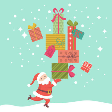 Christmas greeting card design with Santa bringing gift boxes