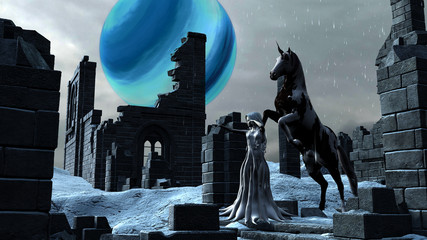 Fantasy Snow Princess Elf with her Unicorn Horse