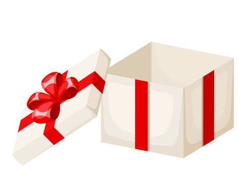 White empty gift box with red ribbon and bow. Vector.