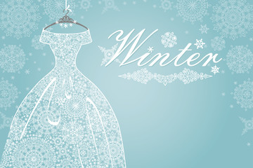 Winter card.Bridal dress with snowflake lace