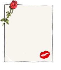 red roses and red Lipstick  on Blank paper vintage red roses and