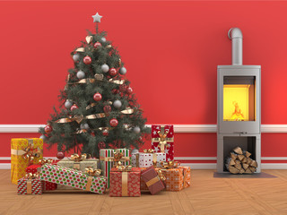 Árbol de Navidad con regalos en habitación roja con chimenea